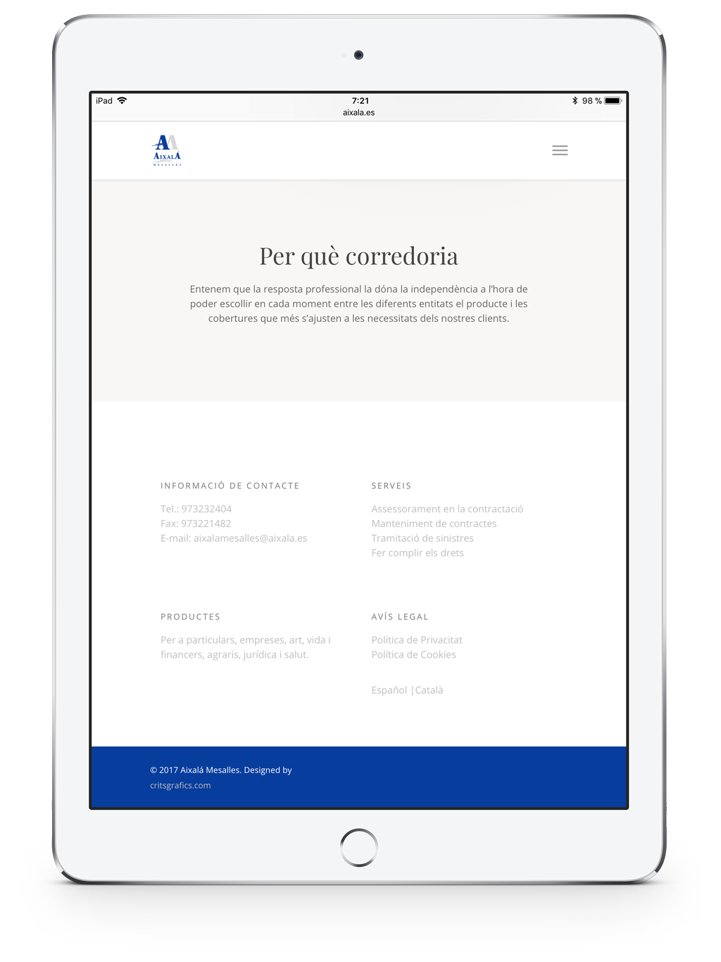 Diseño web para formatos tablet para aixala mesalles. Disseny web per a formats table per aixala mesalles.